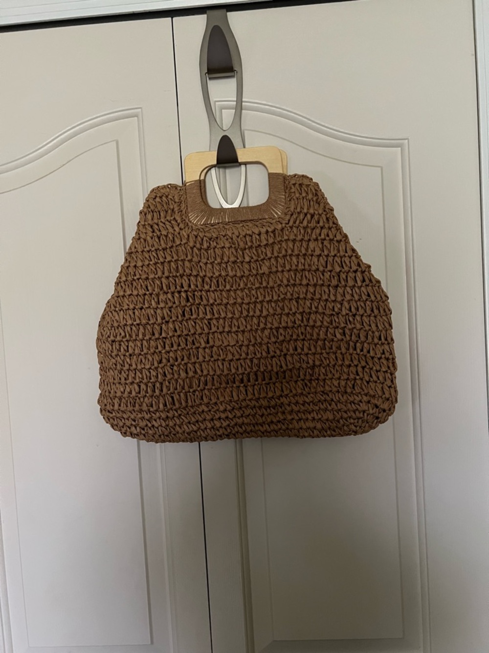 NWOT Woven Brown Tote Bag with Wooden Handles